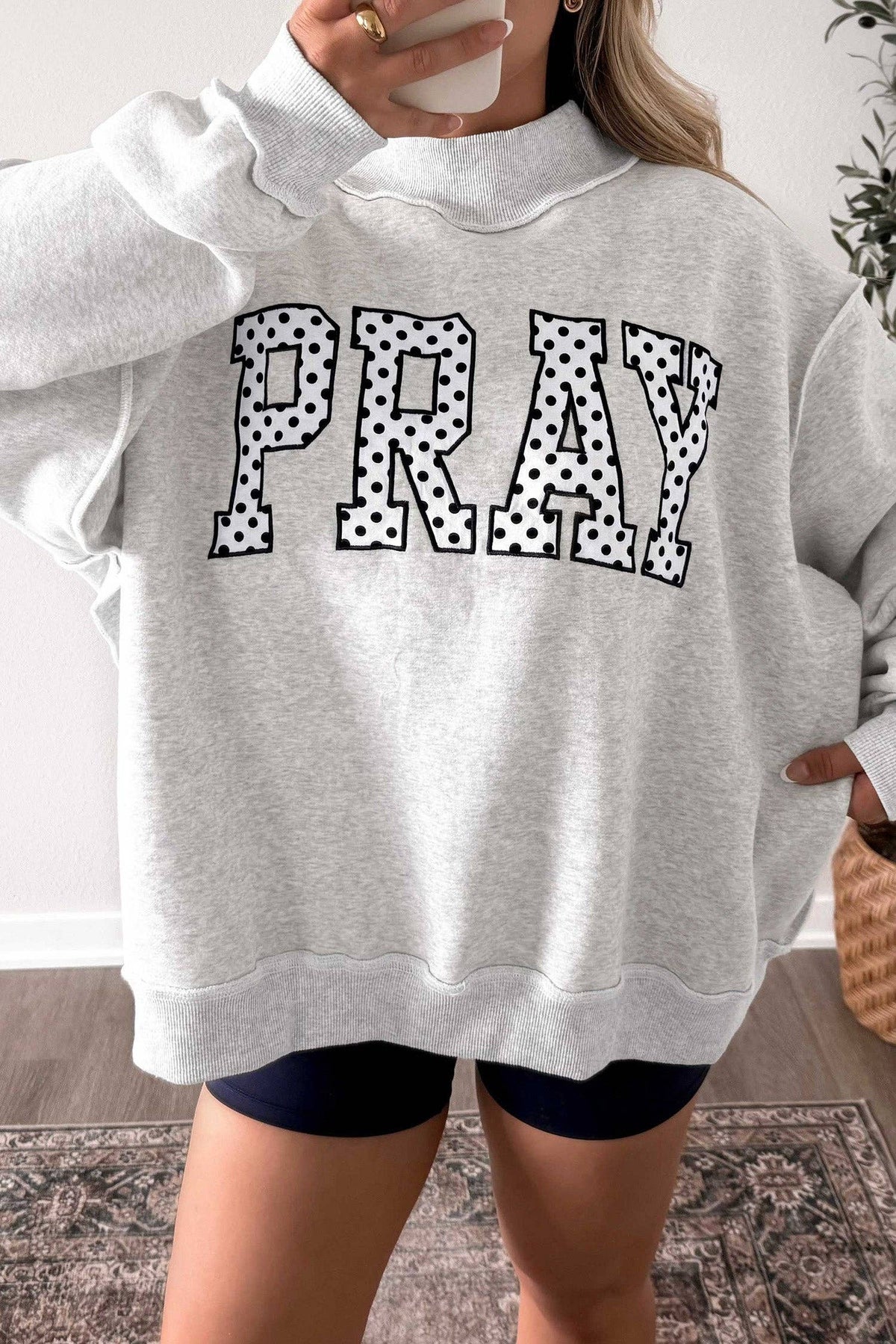 Gray PRAY Polka Dot Embroidered Mock Neck Sweatshirt: Gray / 50%Polyester+50%Cotton / S