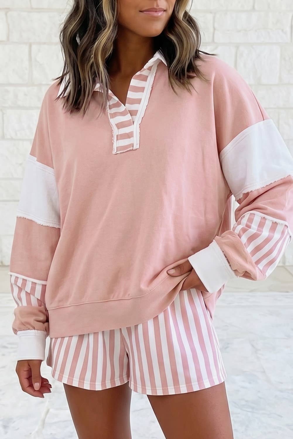 Striped Colorblock Patchwork Sweatshirt & Shorts Set S–4X: Smoke Green / S