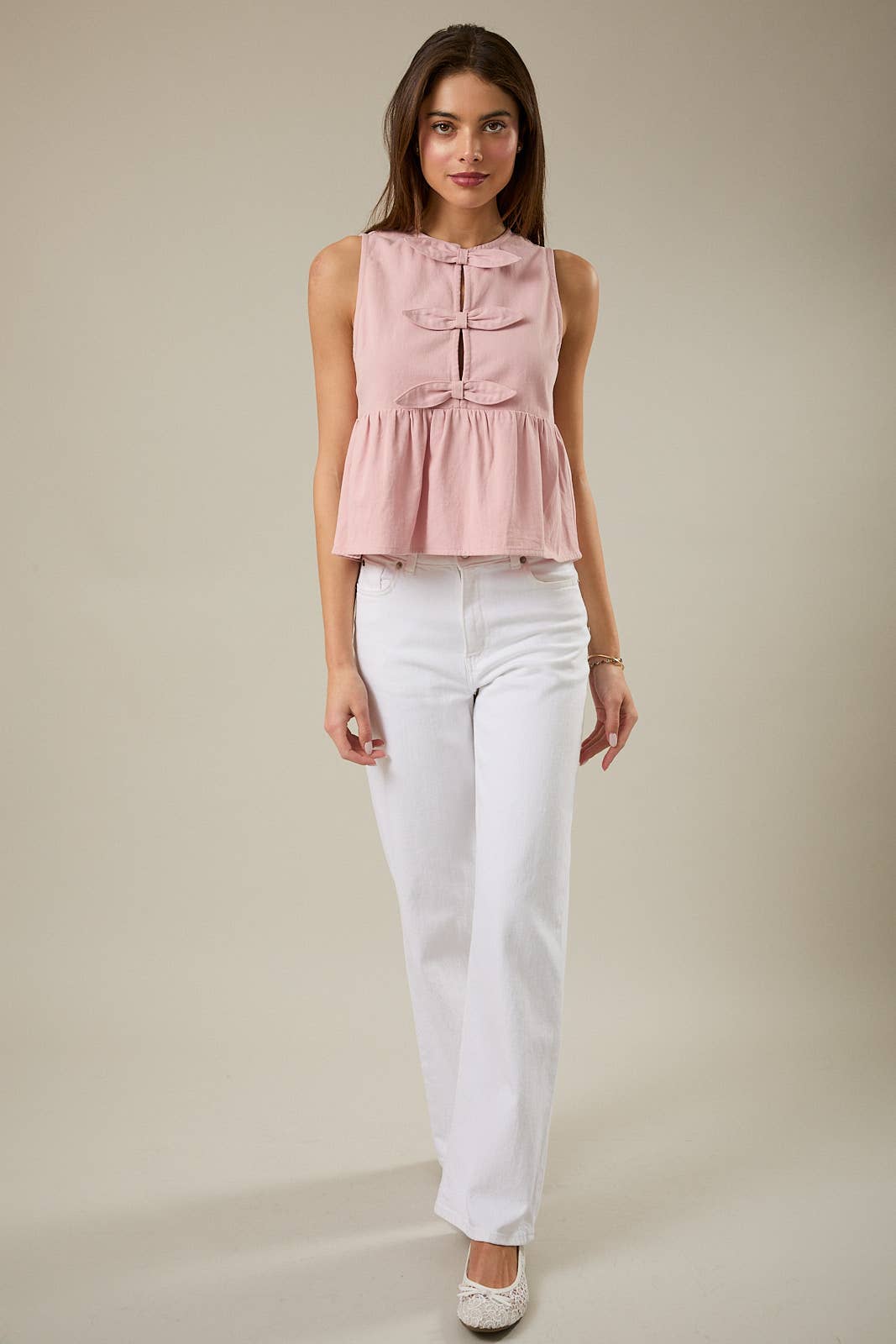 Abigail ROUND NECK SLEEVELESS FRONT BOWS TWILL TOP: Pink / S