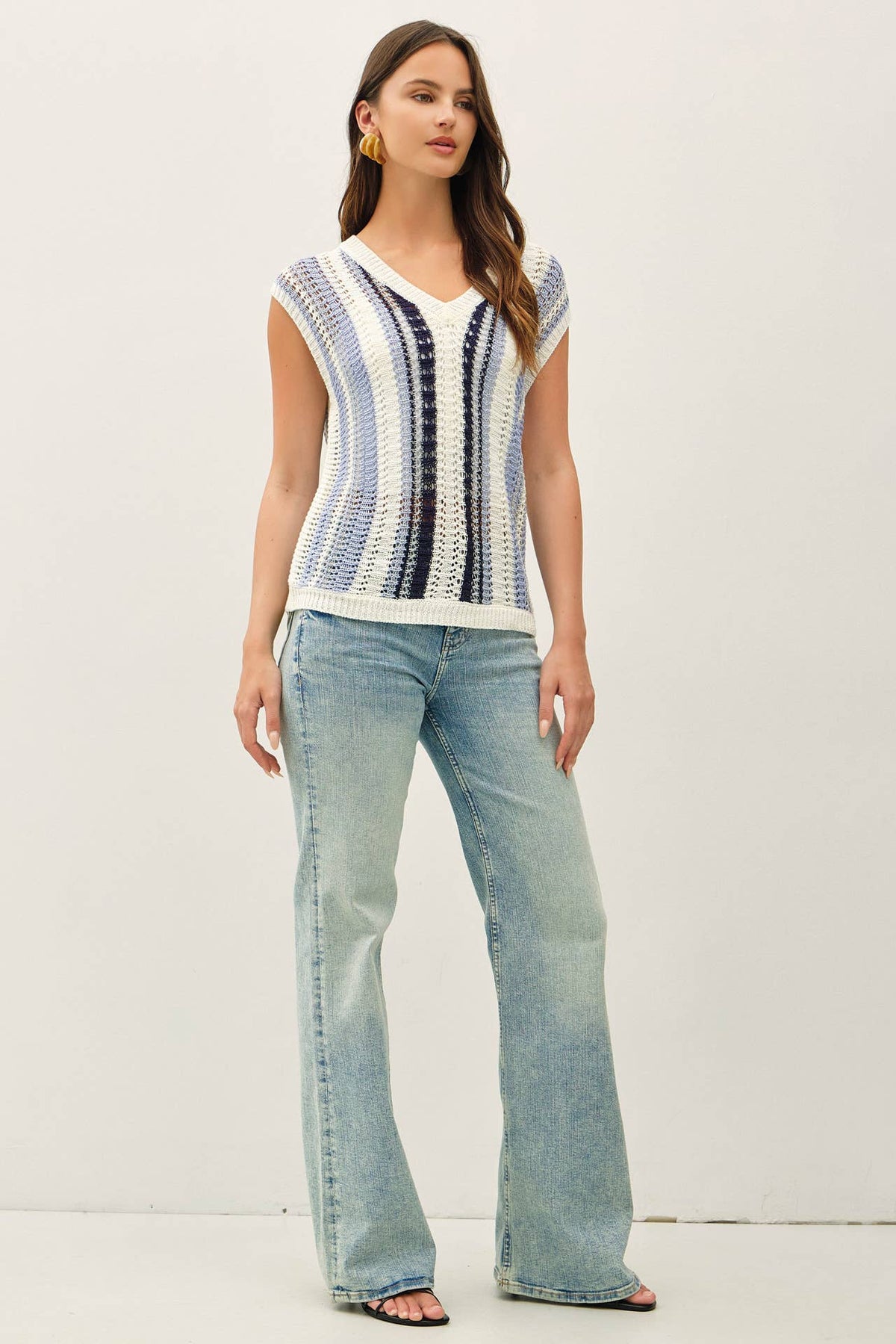 MIXED METALLIC YARN STRIPED HAND CRAFT CROCHET KNIT VEST : BURNT ORANGE / S