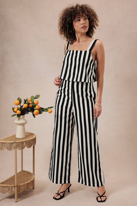 Maria SLEEVELESS STRIPE PALAZO JUMPSUIT: CREAM-BLACK STRIPE / L