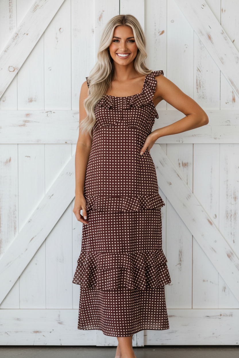 Camila Polka Dot Backless Ruffle Tiered Maxi Dress: Coffee / L