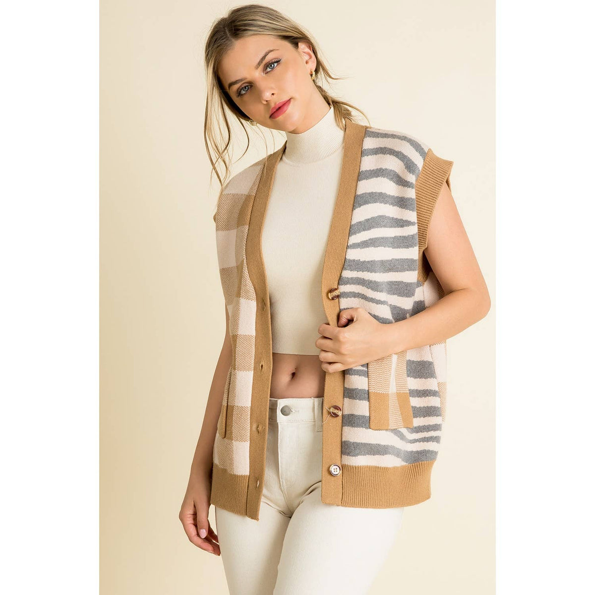 Mixed Pattern Vest: BEIGE / XS-S-M-L(1-2-2-1)
