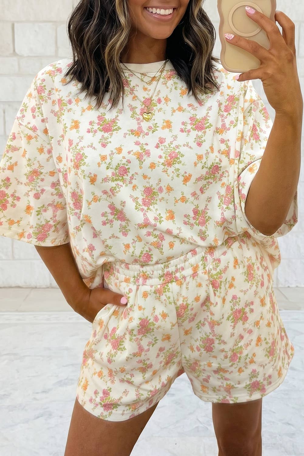 Floral Oversize Sweat Tee Elastic Waist Pocket Short 2PC Set: Pink / XL