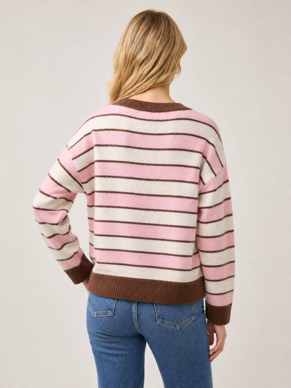 Striped Pullover With Contrast Hems: Pink / SM