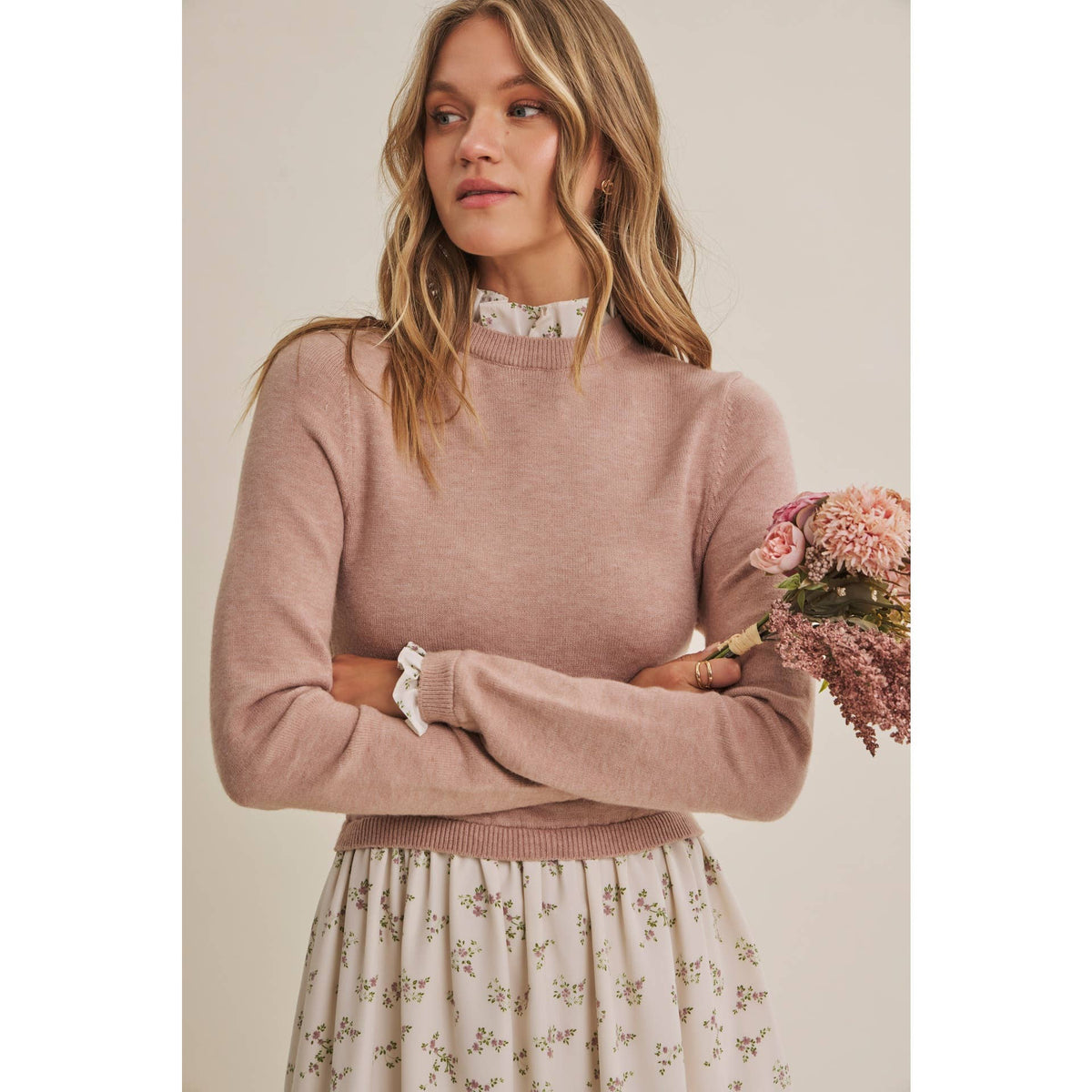 PRESSED PETALS VISCOSE BLEND SWEATER TWOFER MIDI DRESS: OATMEAL/MOCHA / S