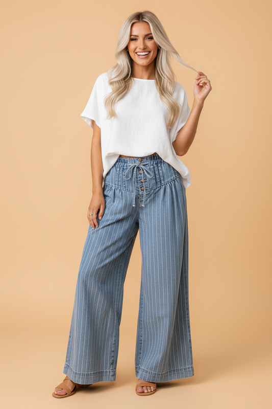 Felice Stripe Button High Waist Pleated Wide Leg Jeans: Sky Blue Stripe / 4