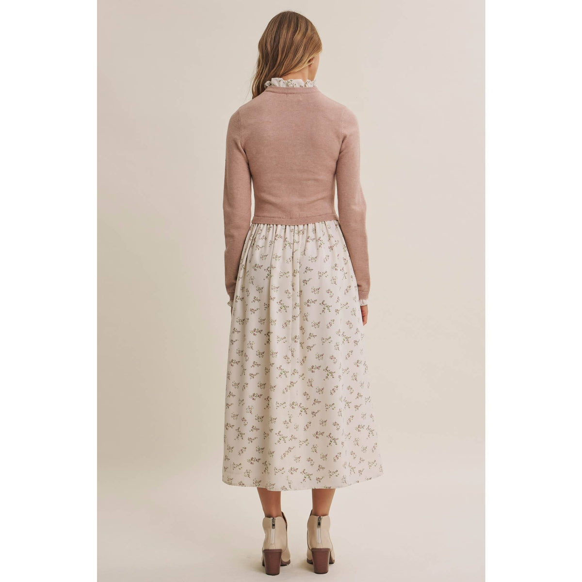 PRESSED PETALS VISCOSE BLEND SWEATER TWOFER MIDI DRESS: OATMEAL/MOCHA / M