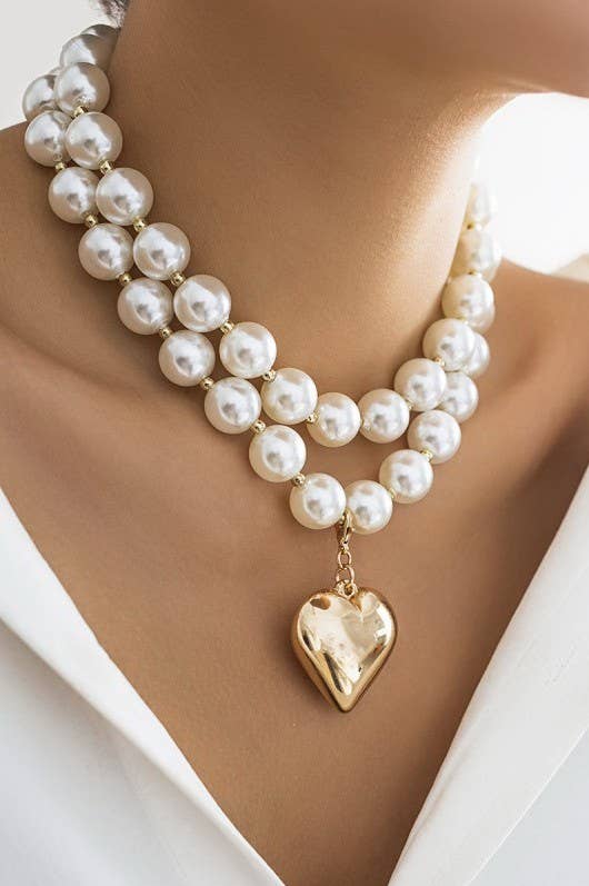 LUSTROUS PEARL BEADED LAYERED HEART NECKLACE | 40NK9456: GOLD