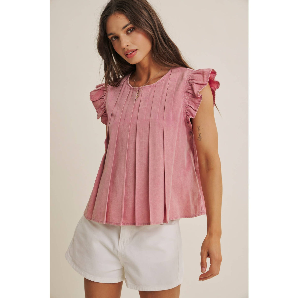 FADED GARDEN MINERAL-WASHED PLEATED BLOUSE WITH RUFFLES: RASPBERRY PINK / M