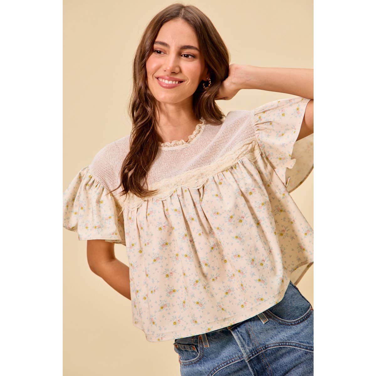 Jaylene COTTON WOVEN PRINT RUFFLED BLOUSE TOP: CREAM / XL