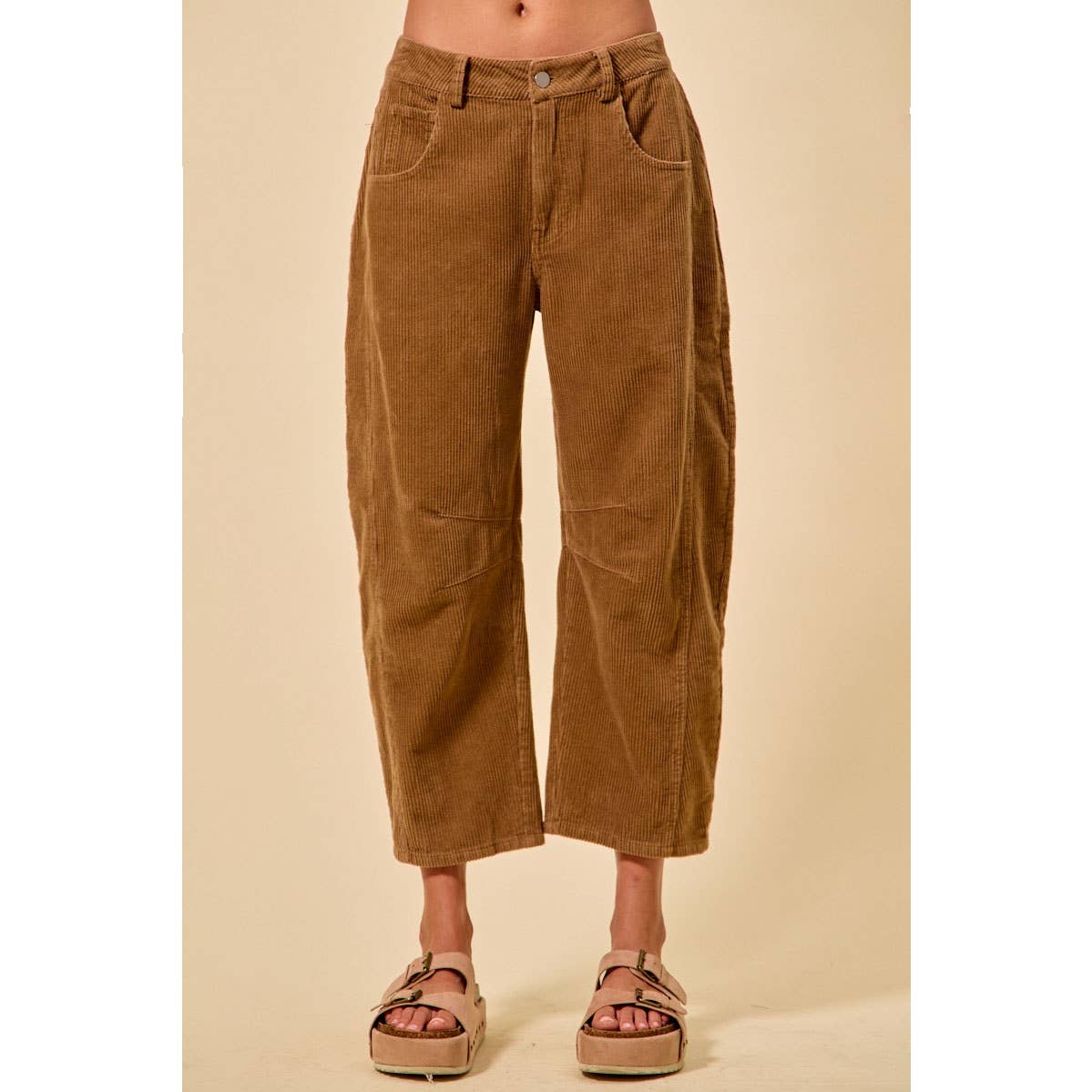 MID RISE CORDUROY BARREL PANTS: BLACK / M