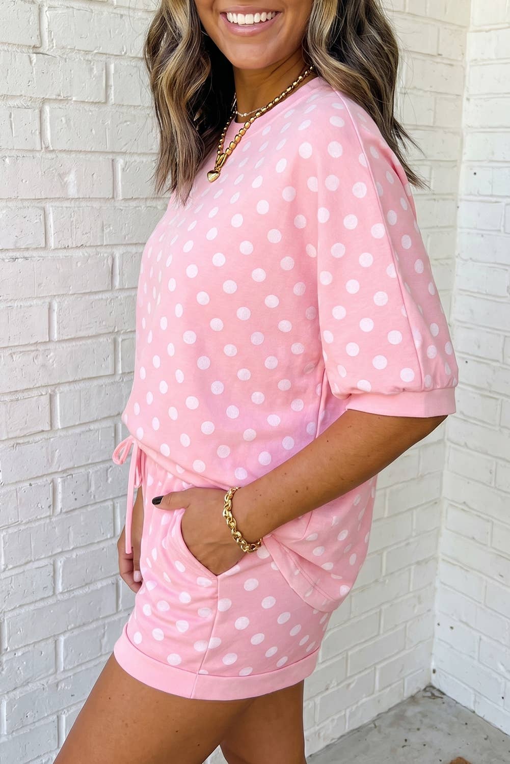 Casual Polka Dot Short Sleeve Top and Drawstring Shorts Set: Pink / L
