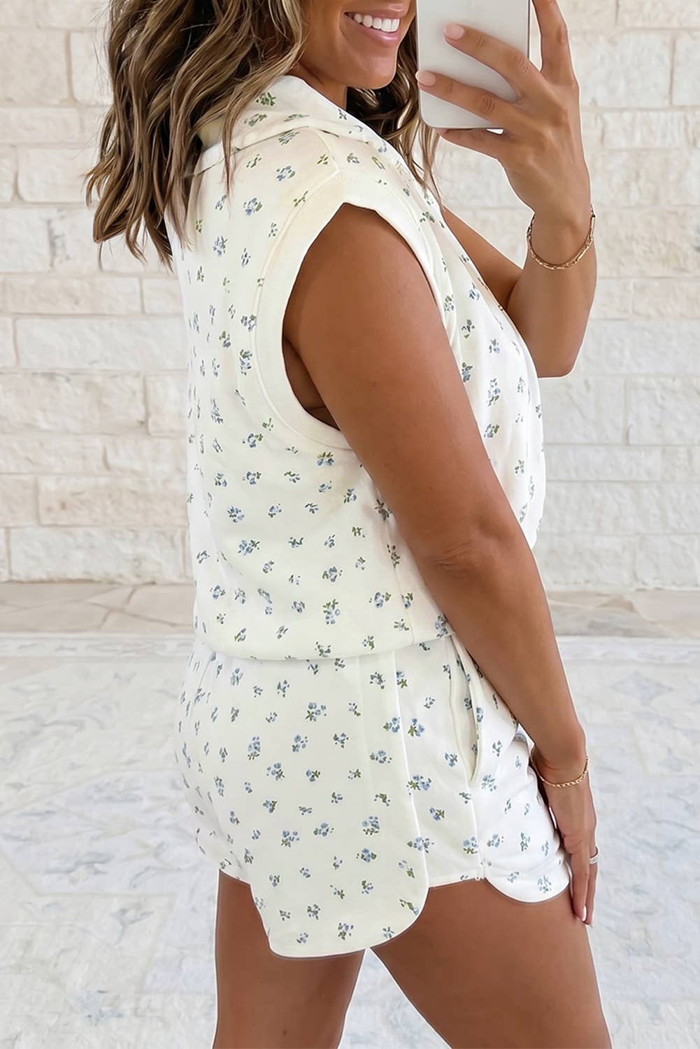 Floral Print Half Zip Matching Short Set: White / L