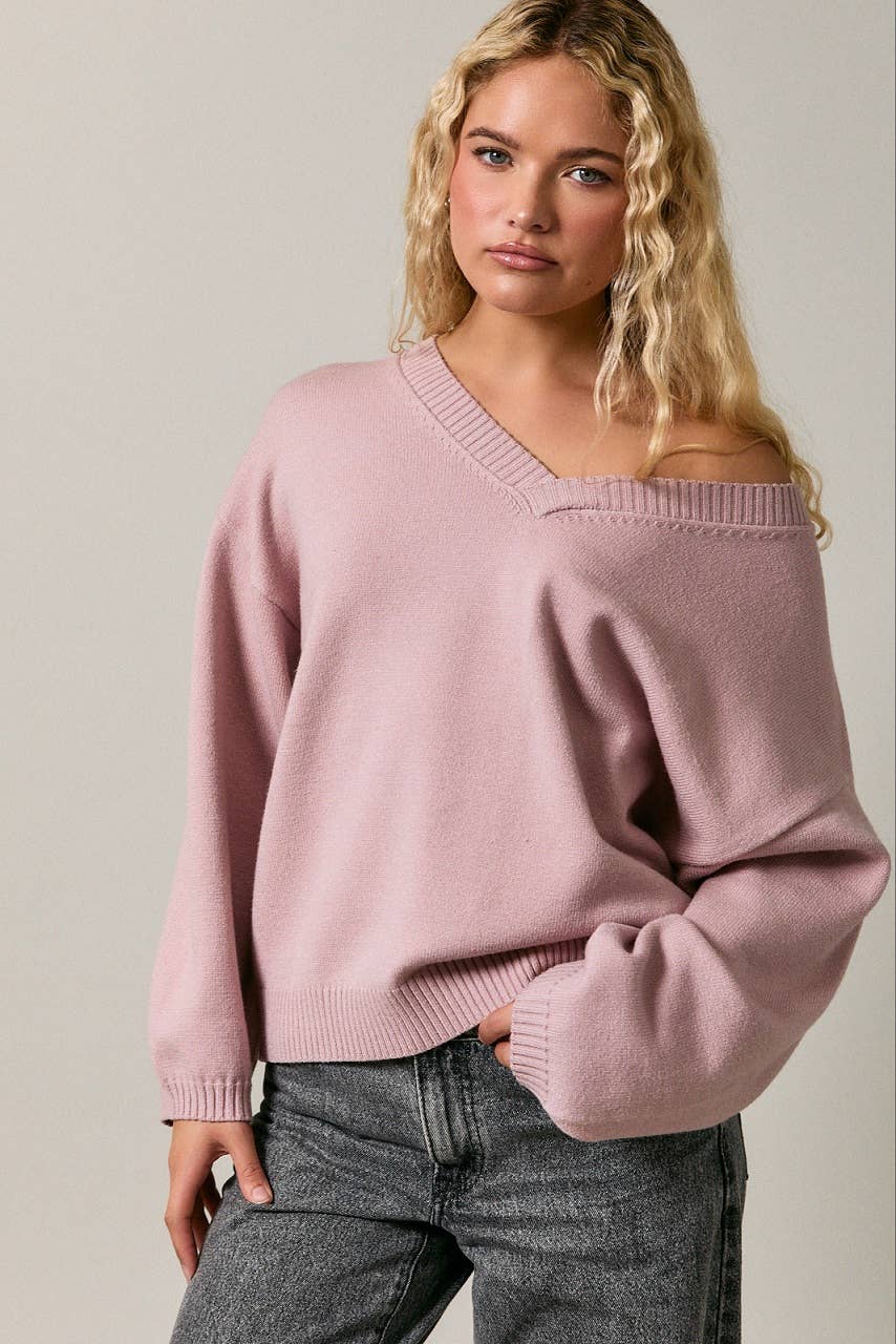 V-NECK OVERSIZED SWEATER: DUSTY PINK / XS
