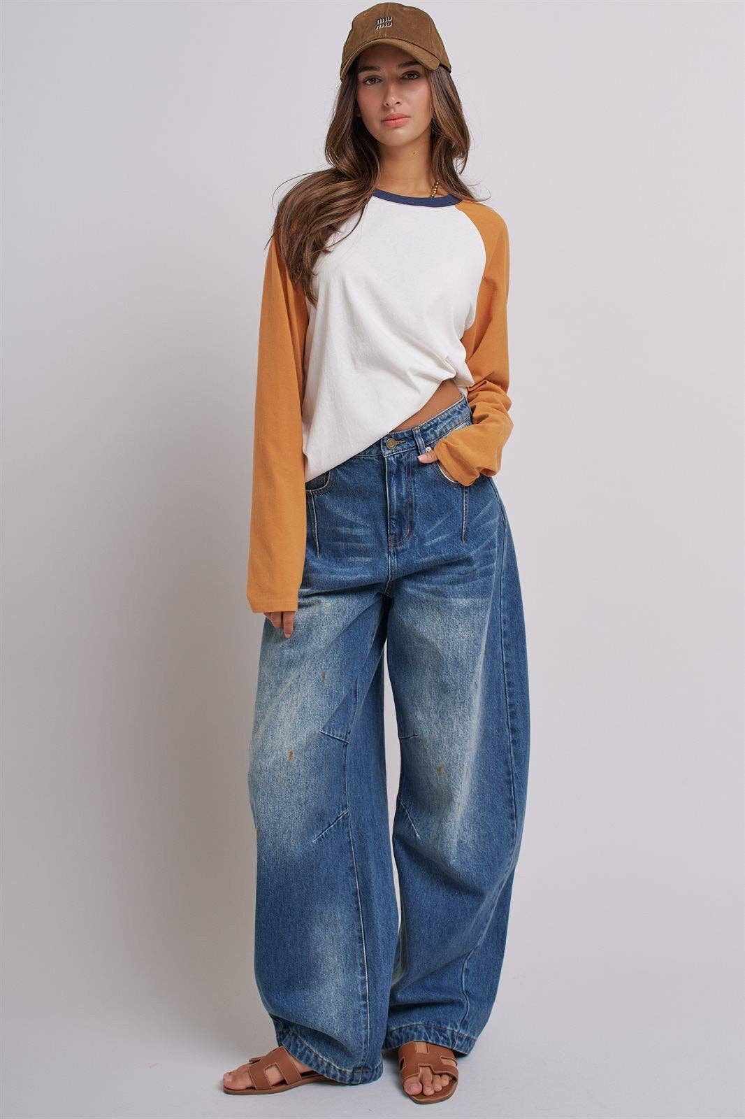 Retro Fade Wide-Leg Barrel Jeans: Denim / S-M-L