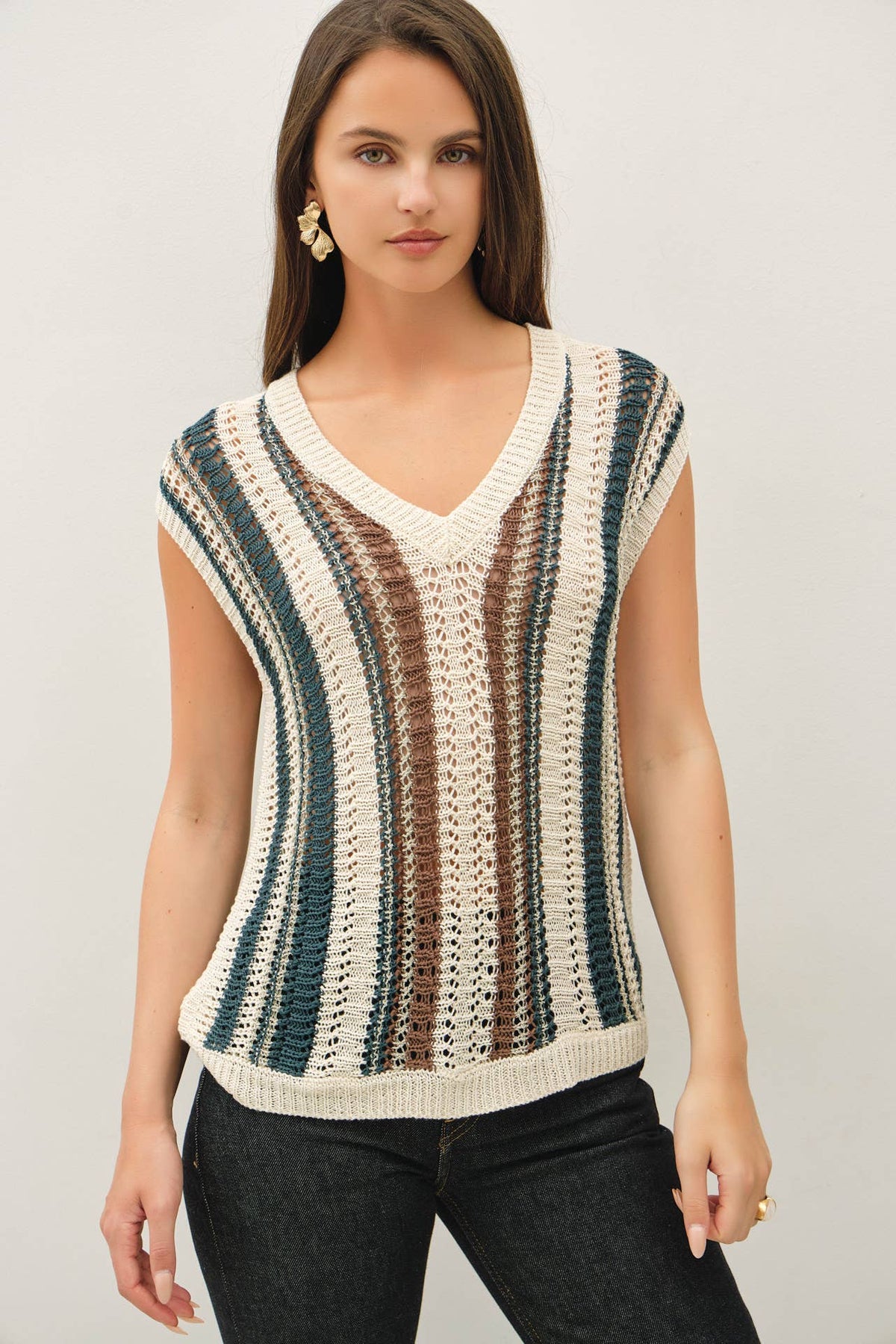 MIXED METALLIC YARN STRIPED HAND CRAFT CROCHET KNIT VEST : BURNT ORANGE / S