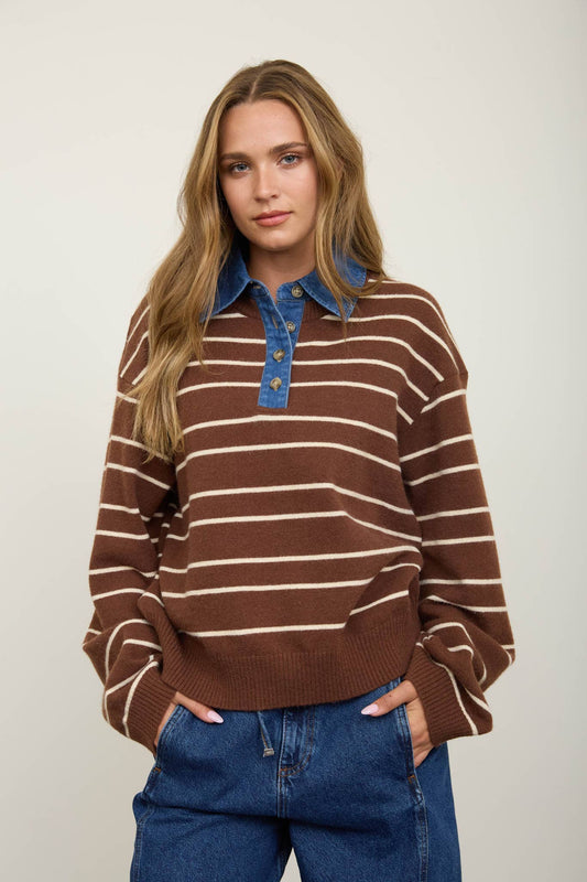 DENIM COLLAR STRIPED LONG SLEEVE SWEATER: BROWN