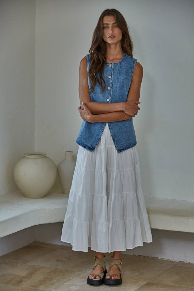 BD352 | Denim Cotton Viscose Polyester Button Down Vest Top: Medium Denim / S