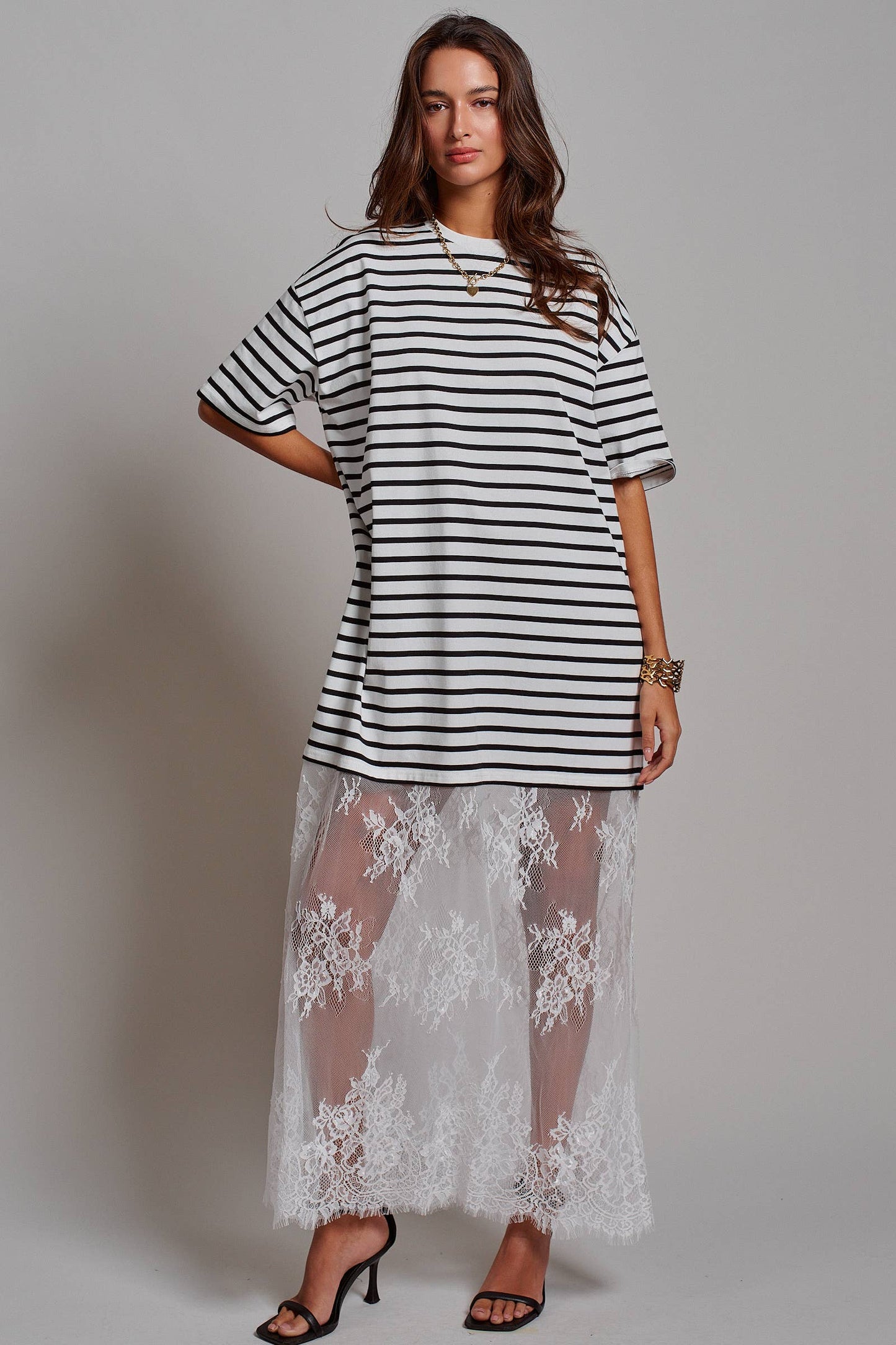 Hannah T-Shirt Dress with Sheer Lace Skirt: White / S-M-L:2-2-2