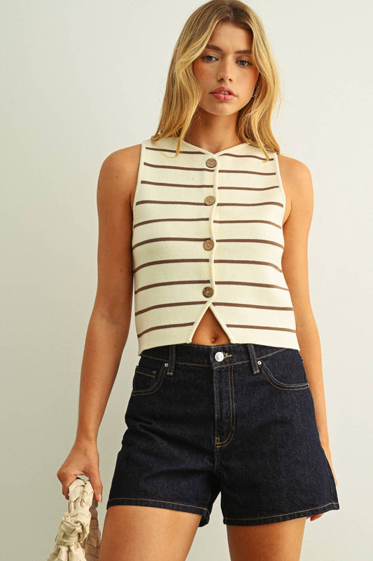 Jane METAL BUTTON DETAIL STRIPE PATTERN KNITTED VEST: CREAM/BROWN / L