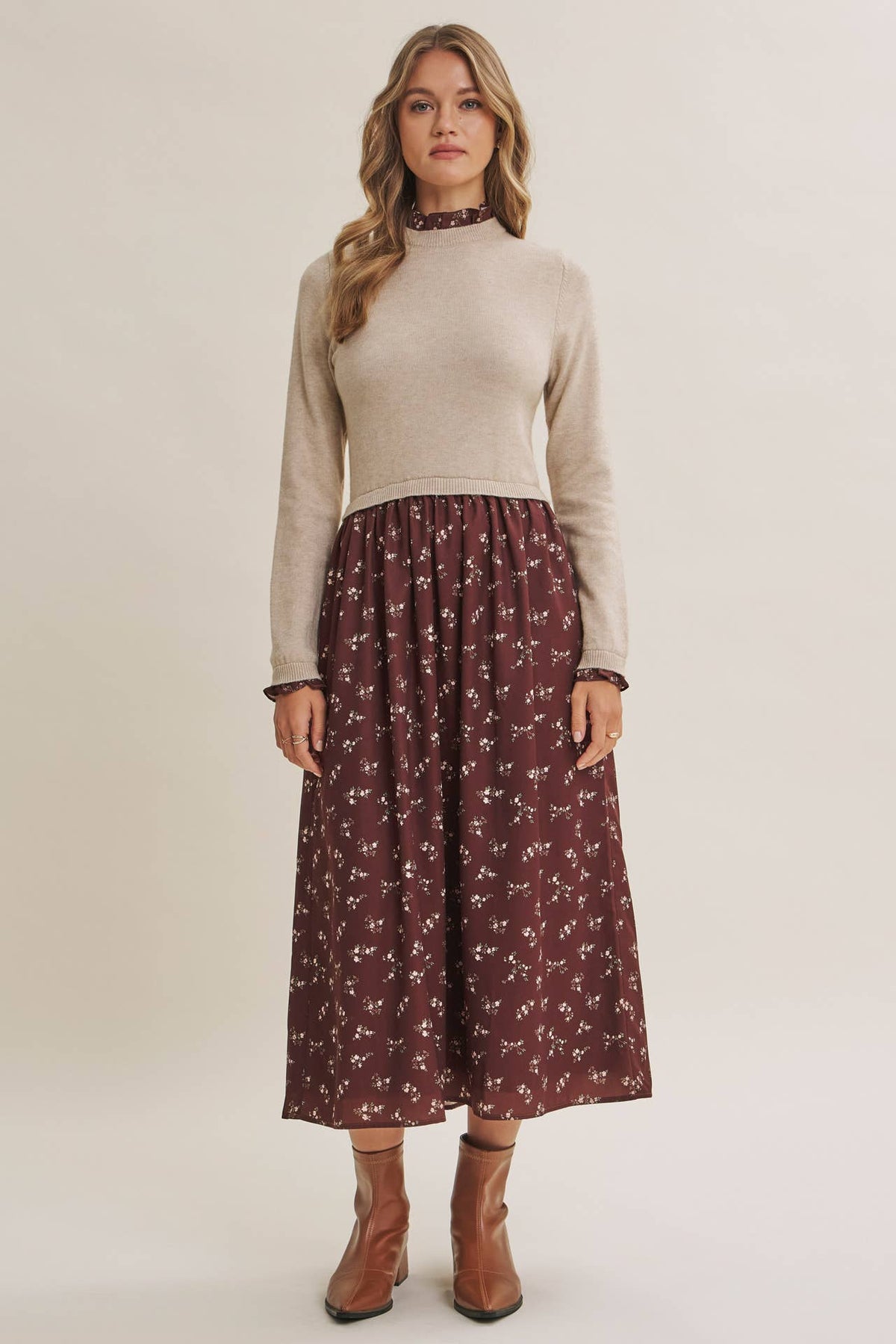 PRESSED PETALS VISCOSE BLEND SWEATER TWOFER MIDI DRESS: OATMEAL/MOCHA / S