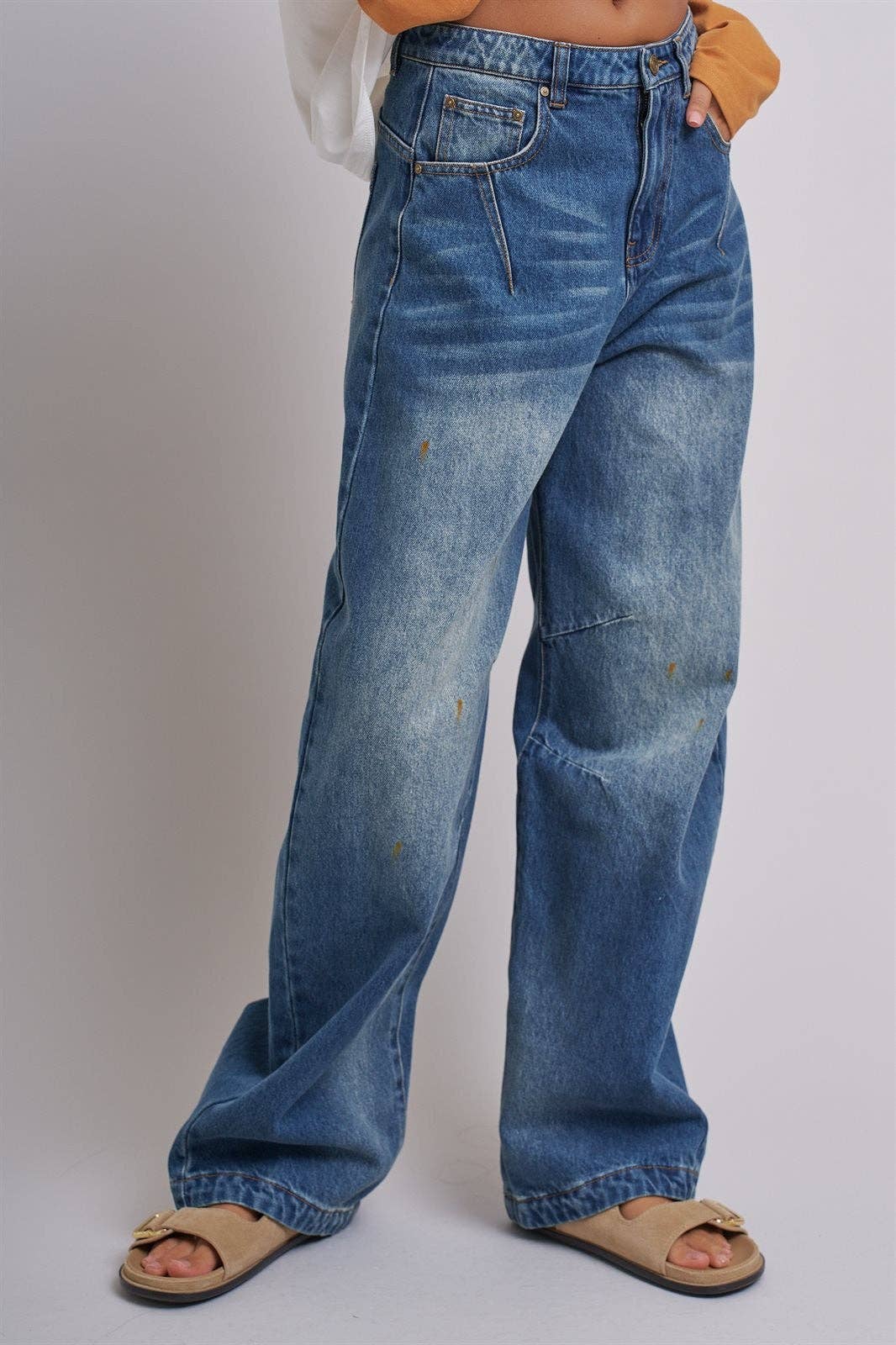 Retro Fade Wide-Leg Barrel Jeans: Denim / S-M-L