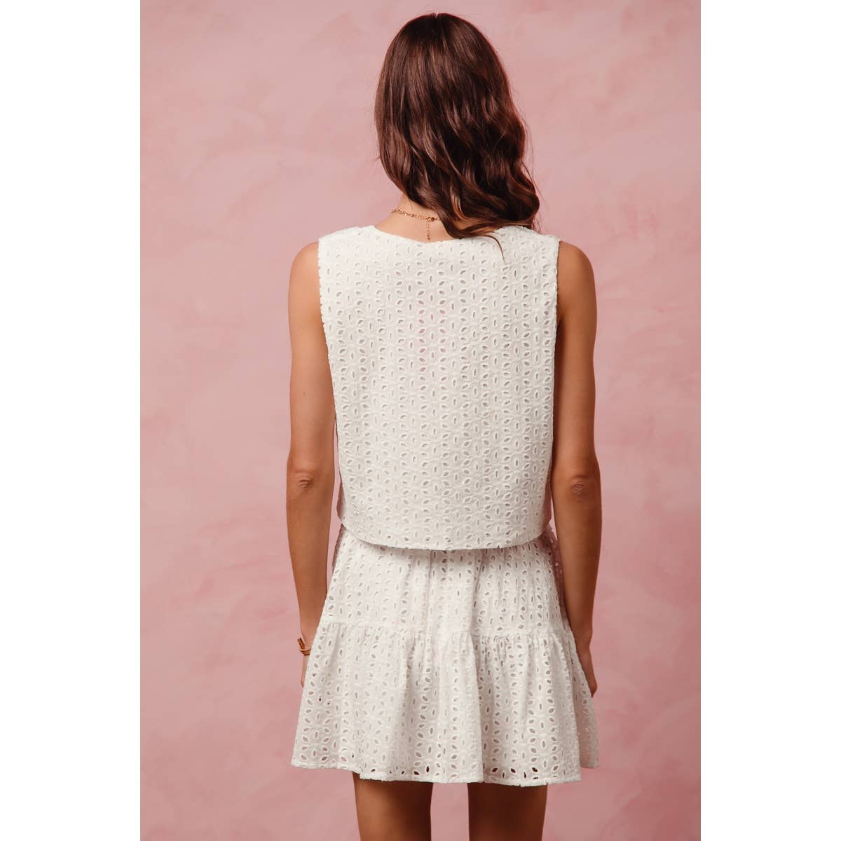 FLORA EYELET LACE TIE VEST TOP AND MINI SKIRT SET: OFF WHITE / XL