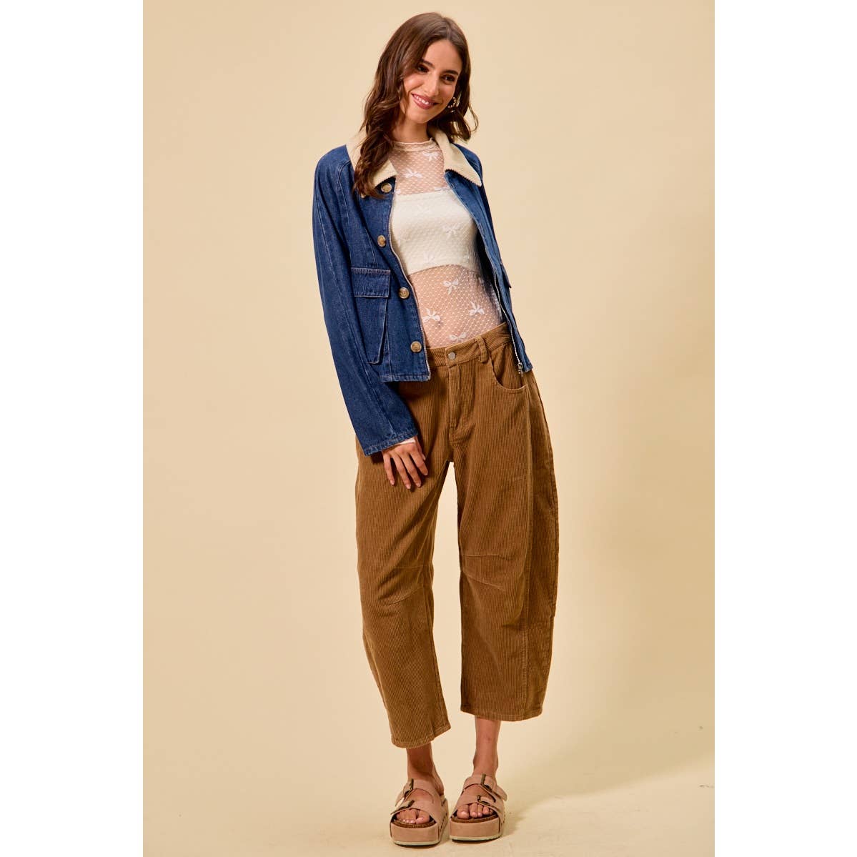 MID RISE CORDUROY BARREL PANTS: BLACK / XL