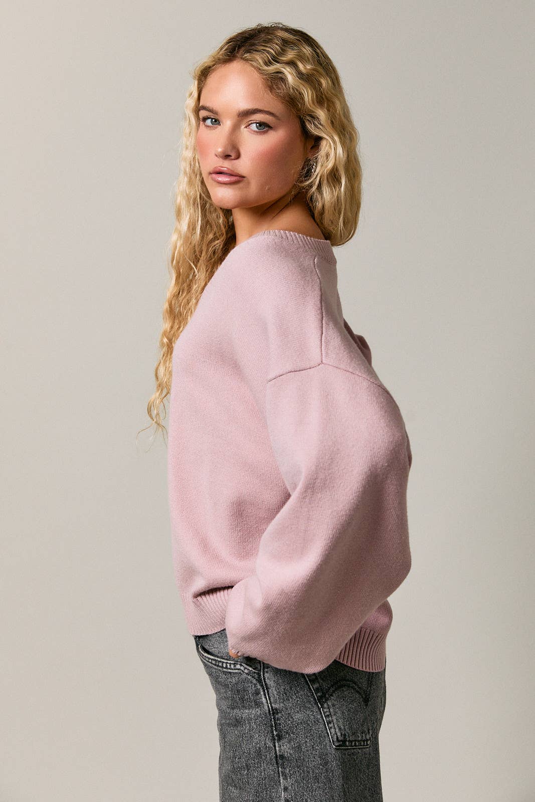 V-NECK OVERSIZED SWEATER: DUSTY PINK / XS