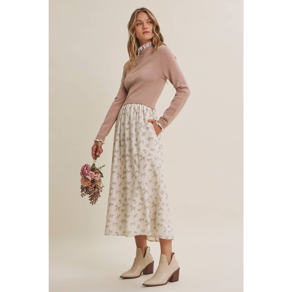 PRESSED PETALS VISCOSE BLEND SWEATER TWOFER MIDI DRESS: OATMEAL/MOCHA / M