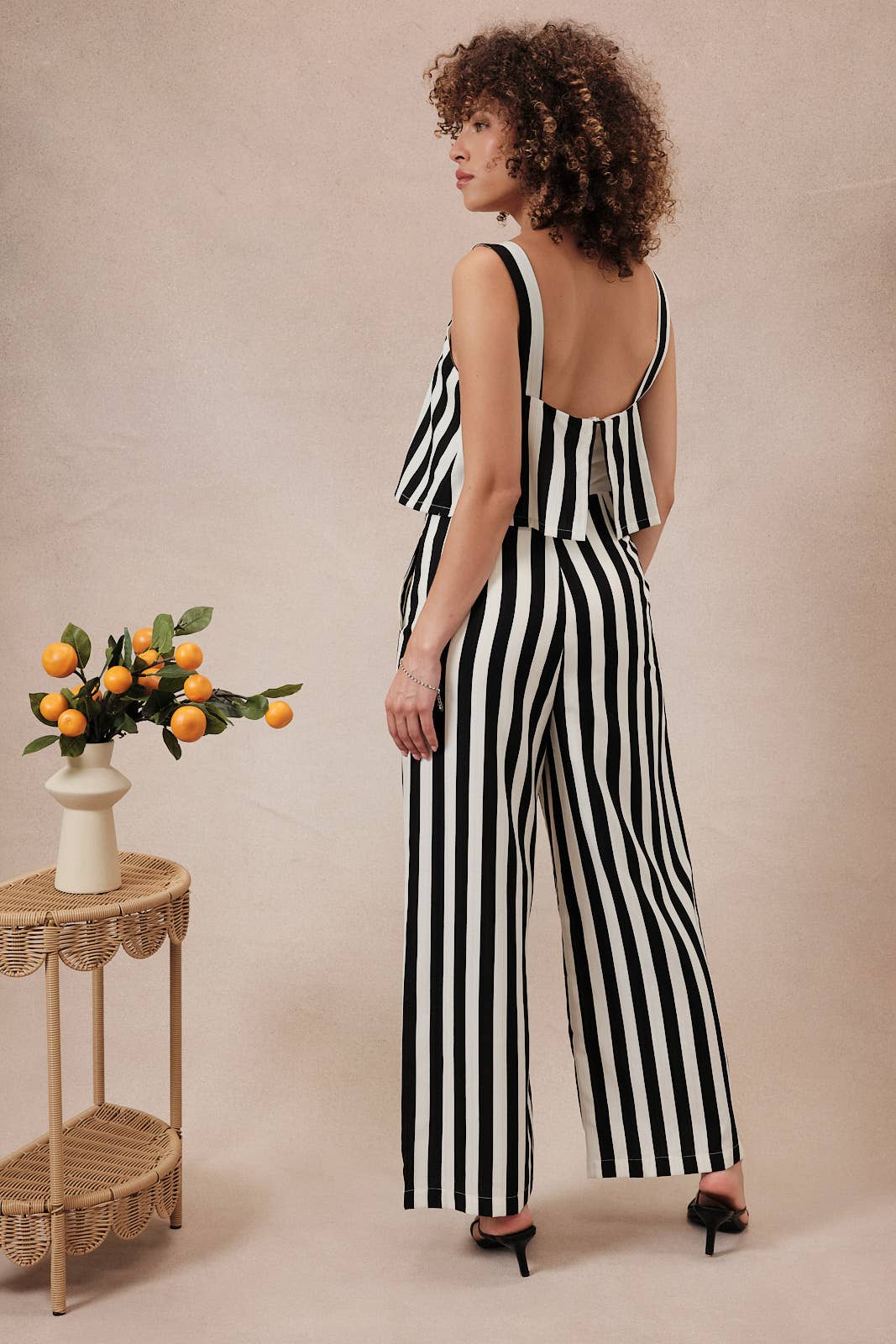 Maria SLEEVELESS STRIPE PALAZO JUMPSUIT: CREAM-BLACK STRIPE / M