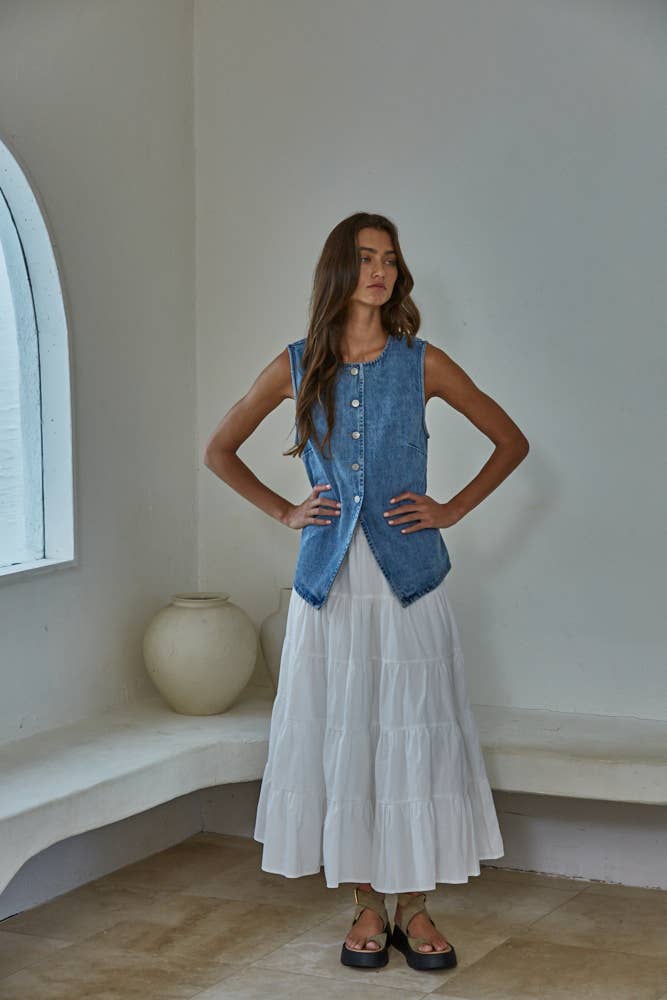 BD352 | Denim Cotton Viscose Polyester Button Down Vest Top: Medium Denim / L