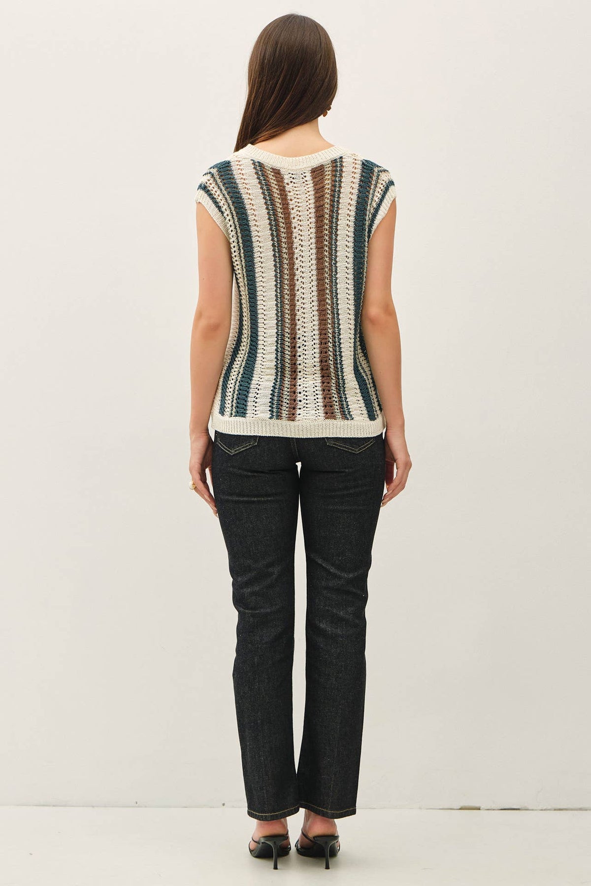 MIXED METALLIC YARN STRIPED HAND CRAFT CROCHET KNIT VEST : BURNT ORANGE / S