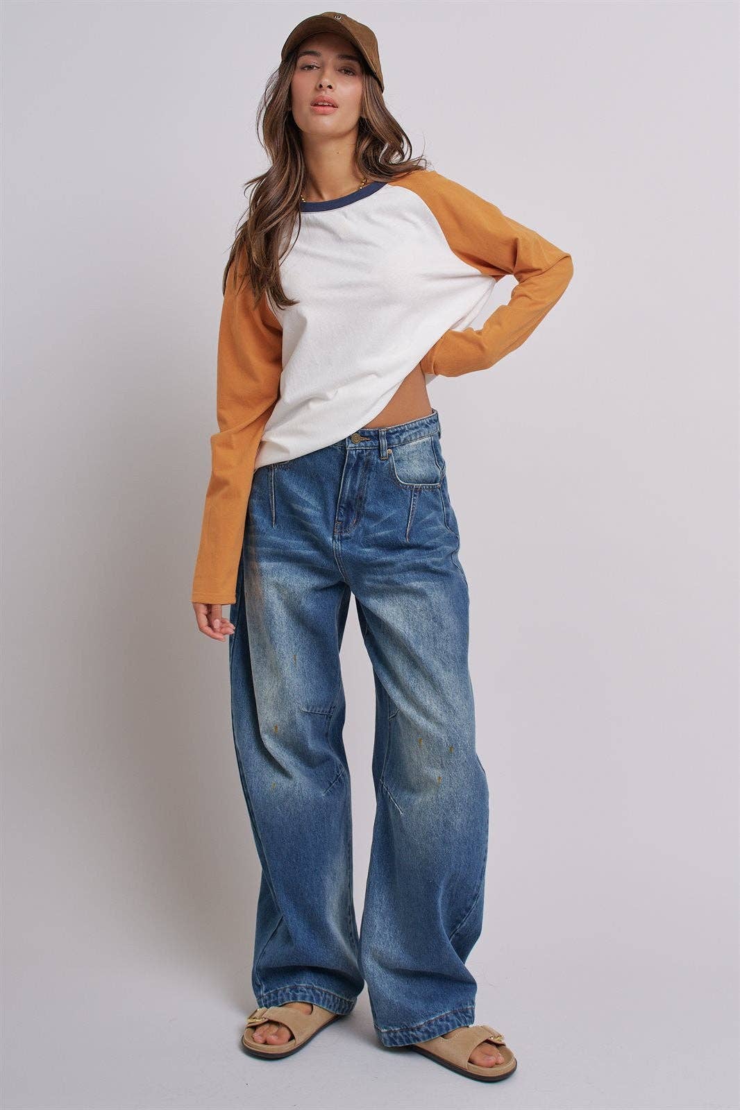 Retro Fade Wide-Leg Barrel Jeans: Denim / S-M-L