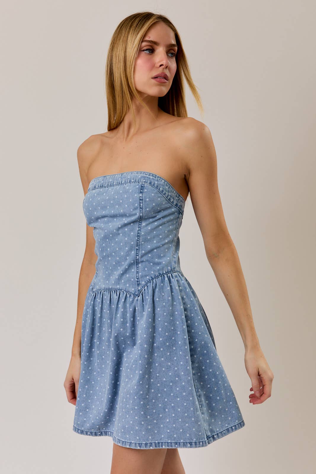 Beth DROP WAIST BACK SMOCKED FIT & FLARE MINI DRESS: DENIM-WHITE DOT / S