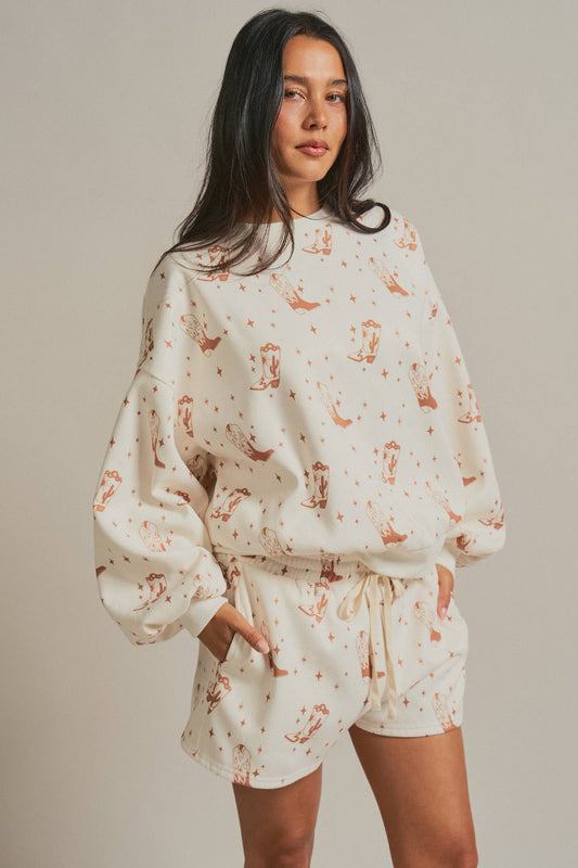 Ella Cowboy Boot Print Sweatshirt and Shorts Set: Cream / S-M-L:2-2-2