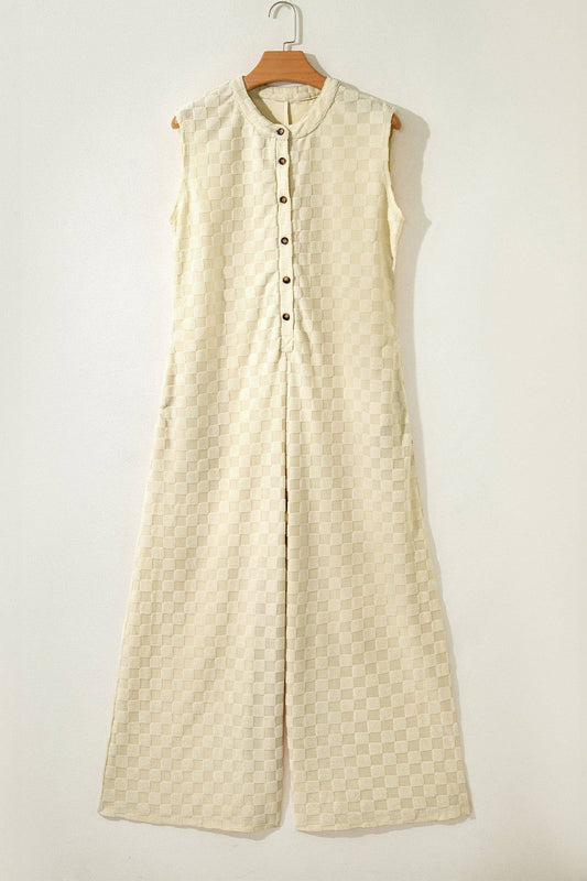 Ruth Checker Textured Wide Leg Jumpsuit: White