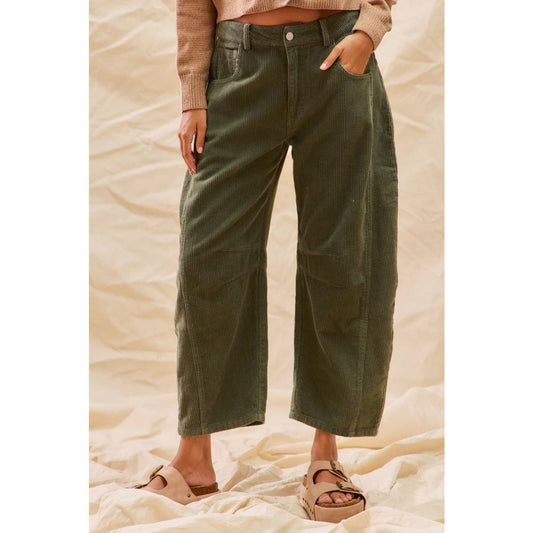 MID RISE CORDUROY BARREL PANTS: BLACK / S