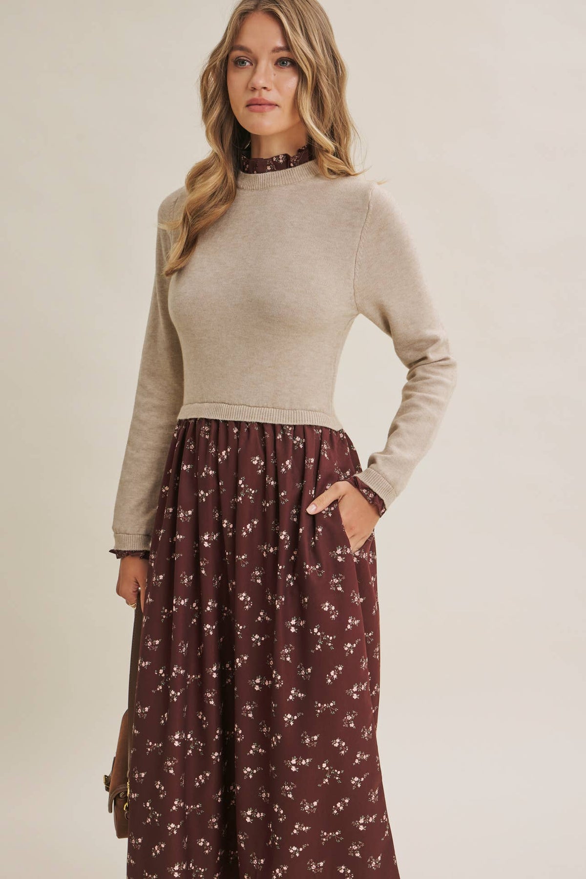 PRESSED PETALS VISCOSE BLEND SWEATER TWOFER MIDI DRESS: OATMEAL/MOCHA / L