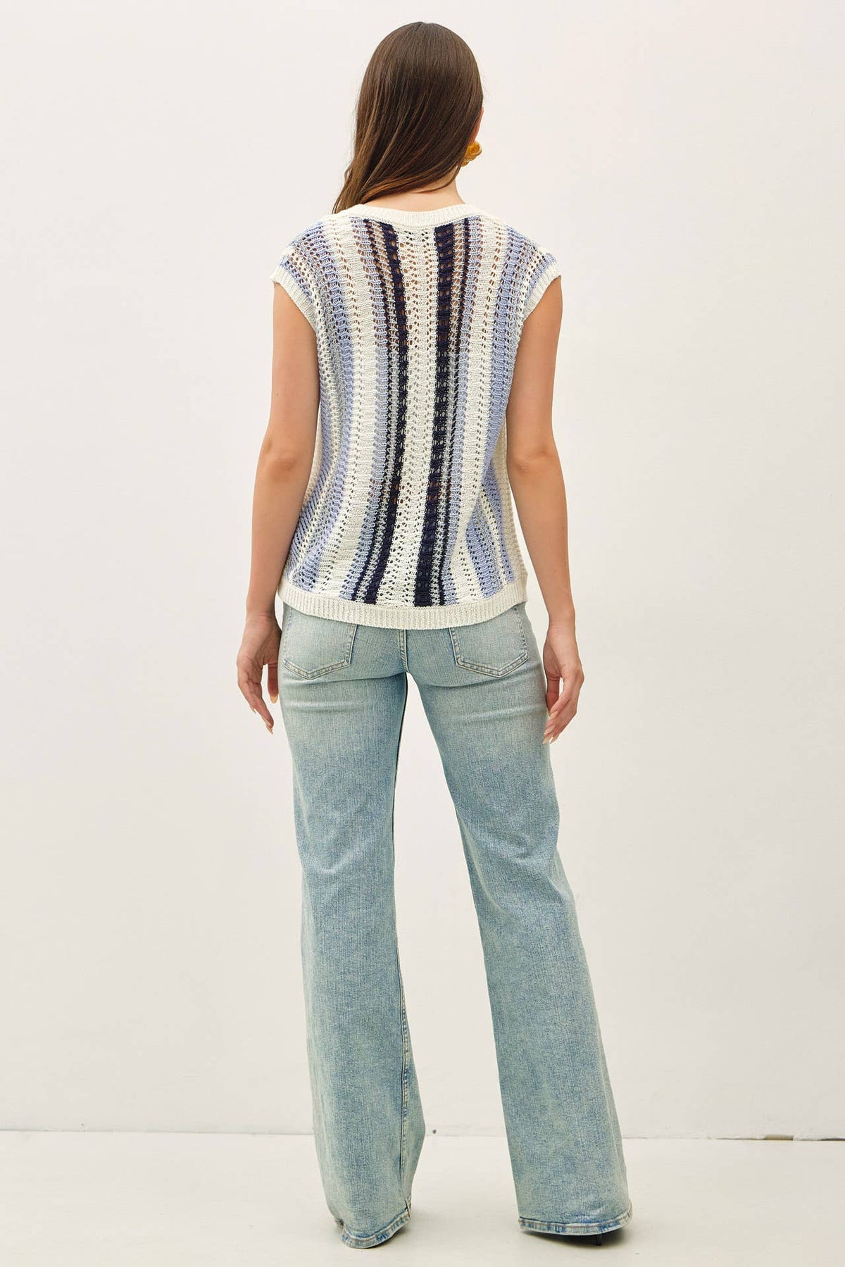 MIXED METALLIC YARN STRIPED HAND CRAFT CROCHET KNIT VEST : BURNT ORANGE / S