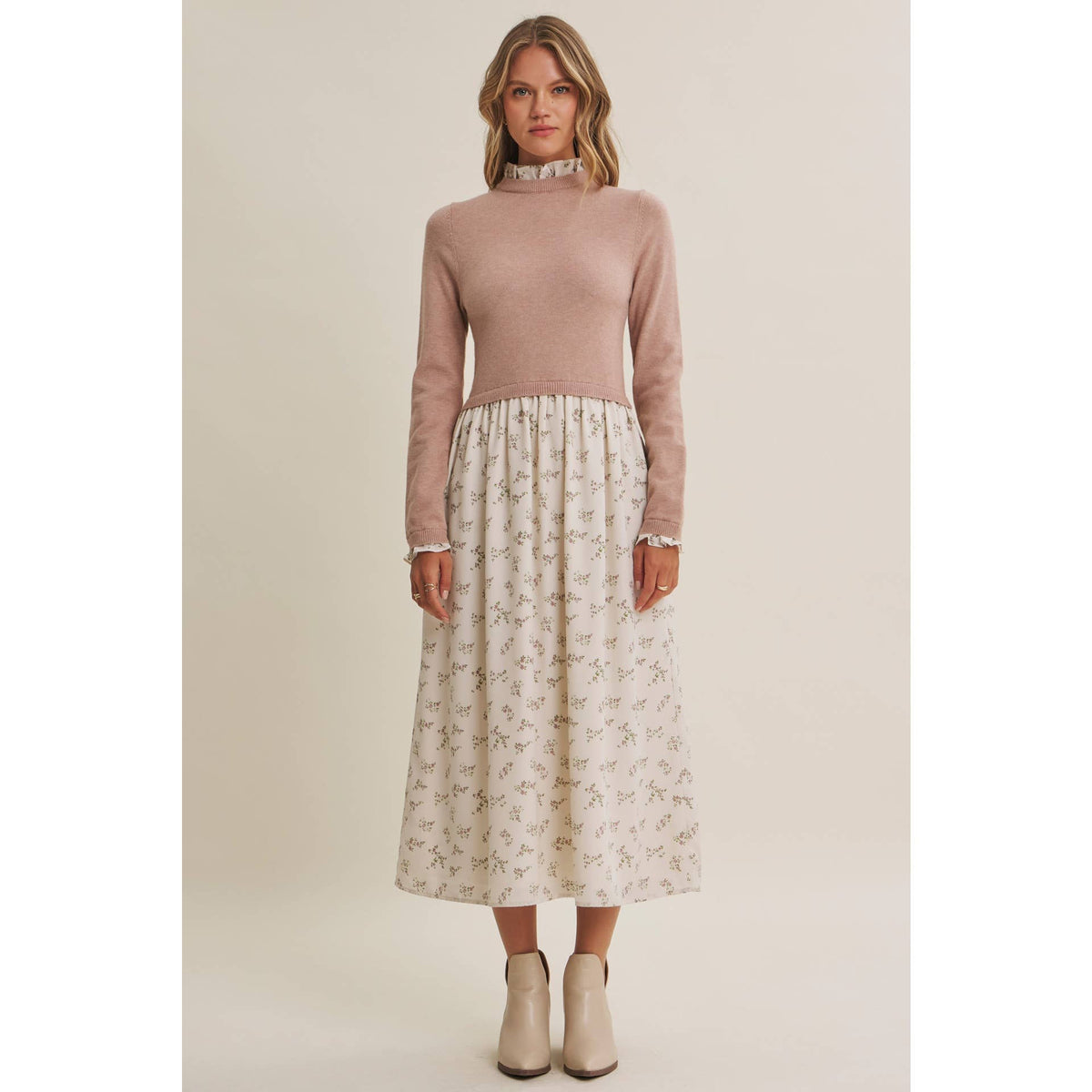 PRESSED PETALS VISCOSE BLEND SWEATER TWOFER MIDI DRESS: OATMEAL/MOCHA / S
