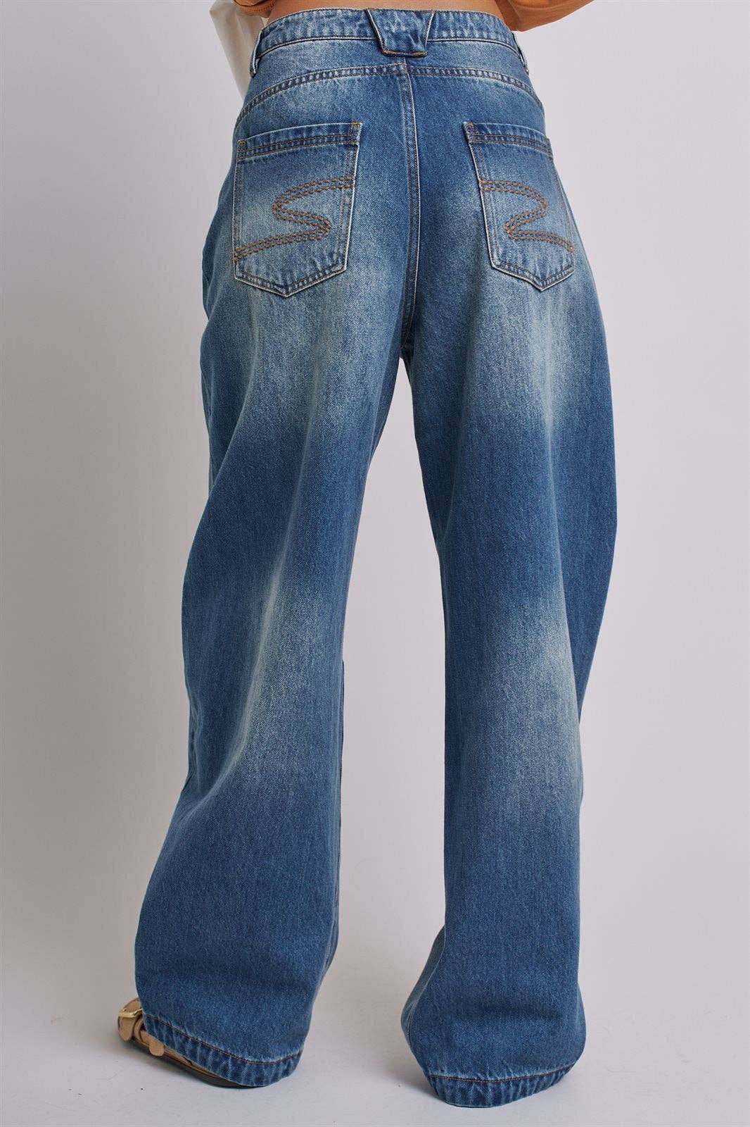 Retro Fade Wide-Leg Barrel Jeans: Denim / S-M-L