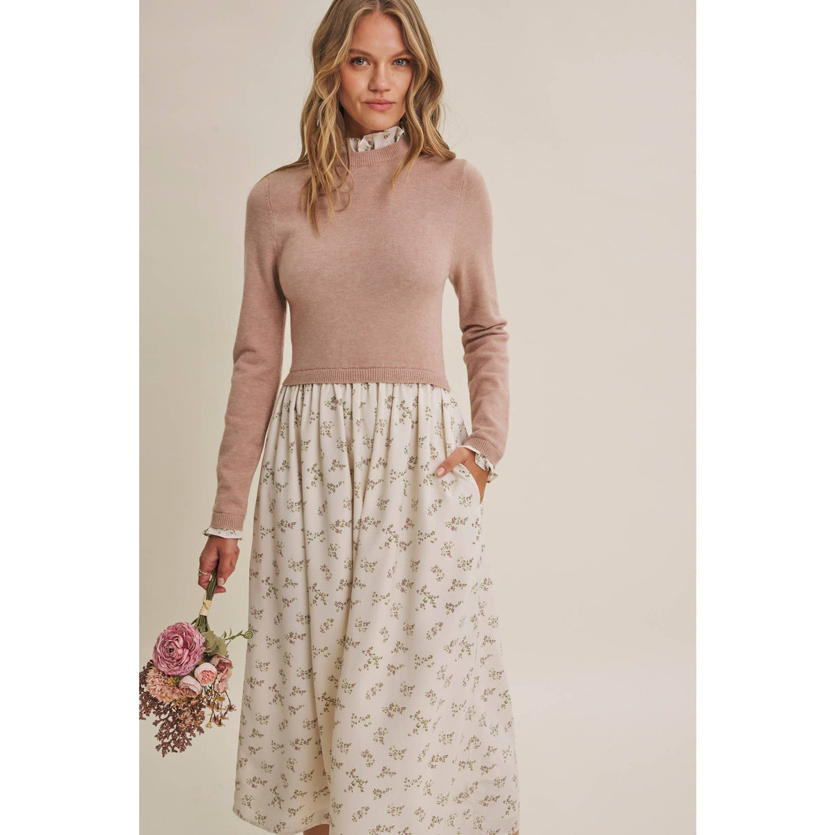 PRESSED PETALS VISCOSE BLEND SWEATER TWOFER MIDI DRESS: OATMEAL/MOCHA / S