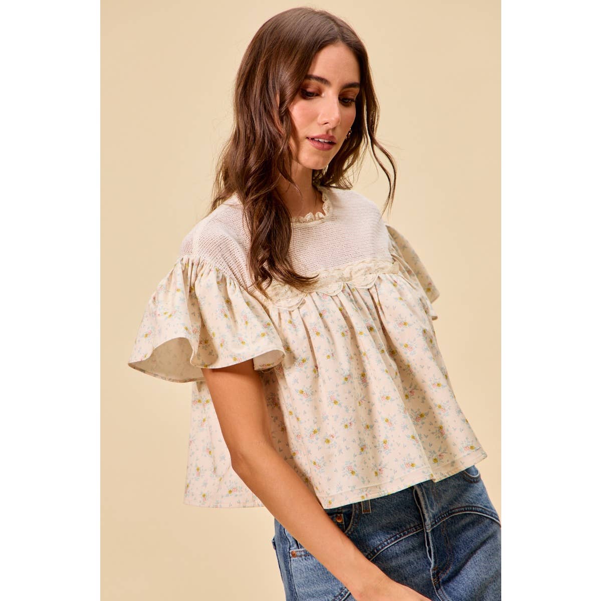 Jaylene COTTON WOVEN PRINT RUFFLED BLOUSE TOP: CREAM / XL