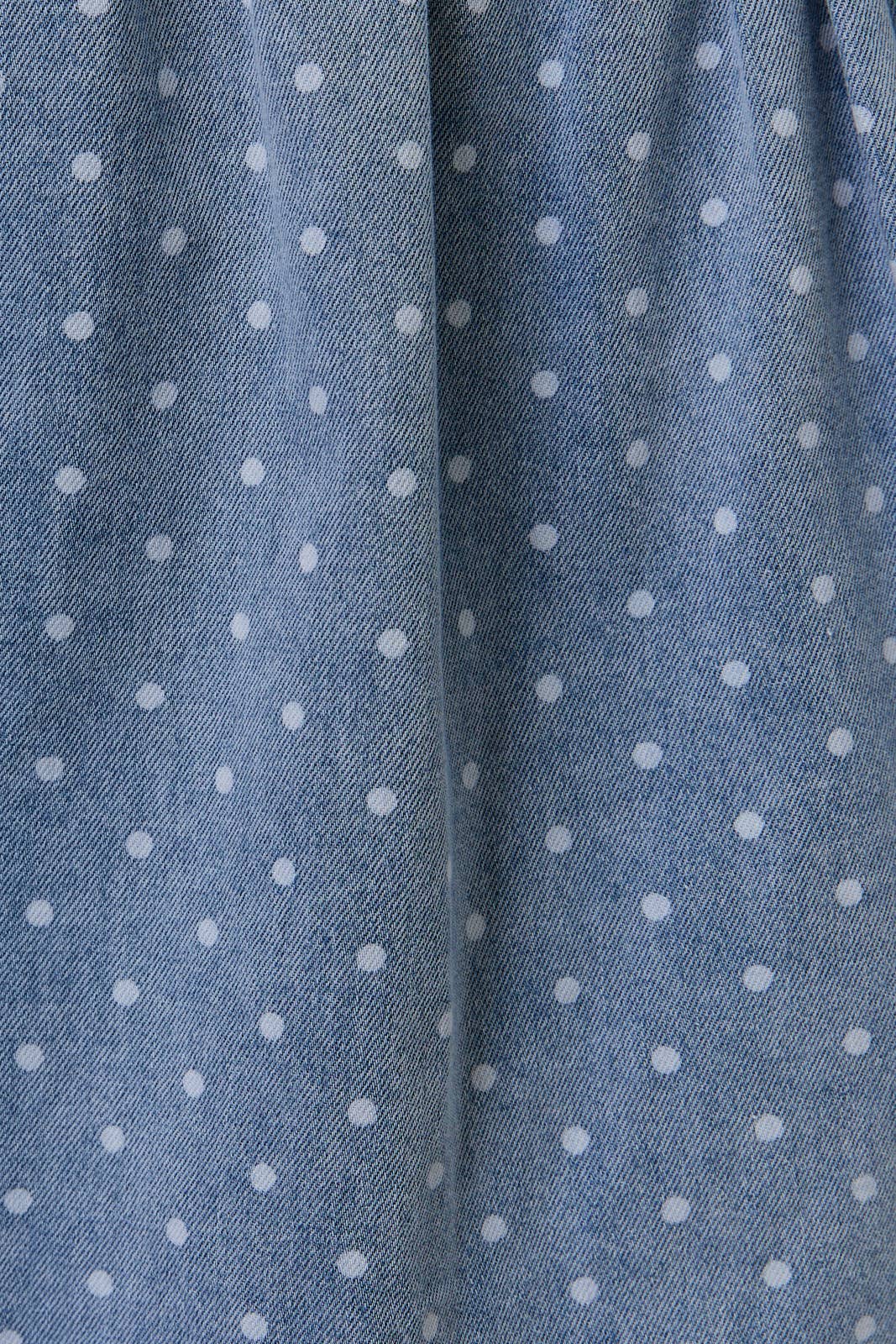 Beth DROP WAIST BACK SMOCKED FIT & FLARE MINI DRESS: DENIM-WHITE DOT / L
