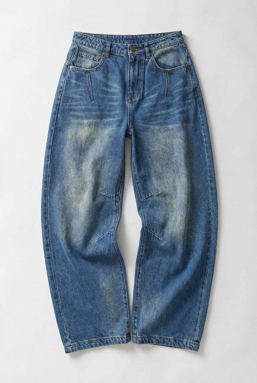 Retro Fade Wide-Leg Barrel Jeans: Denim / S-M-L
