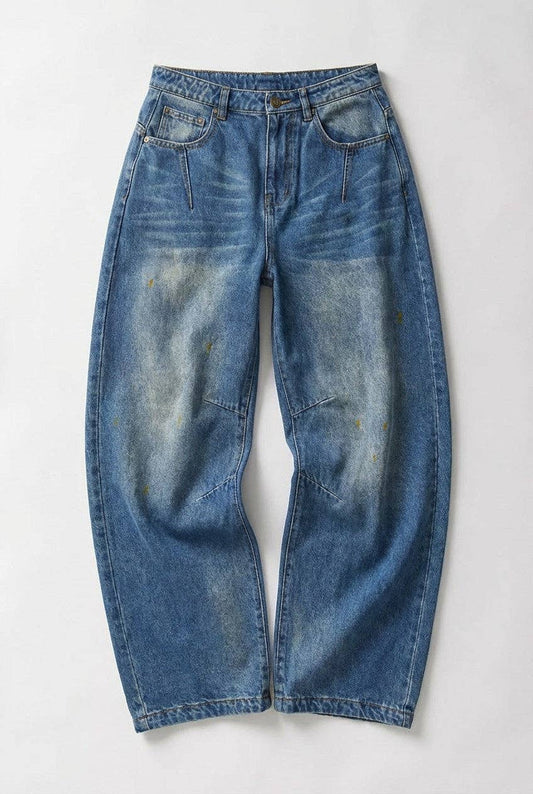 Retro Fade Wide-Leg Barrel Jeans: Denim / S-M-L