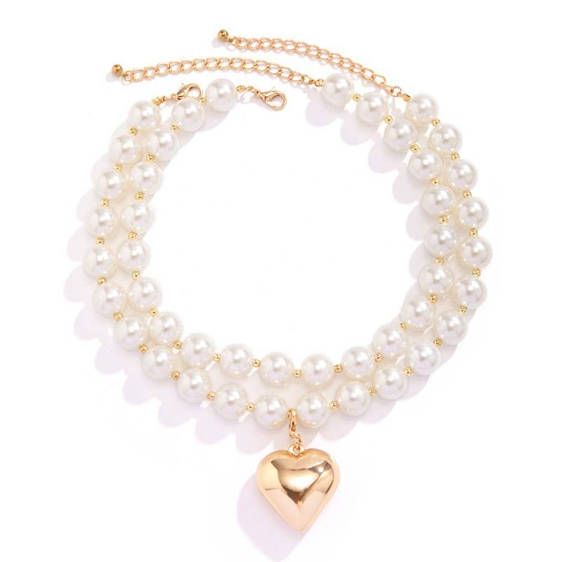 LUSTROUS PEARL BEADED LAYERED HEART NECKLACE | 40NK9456: GOLD