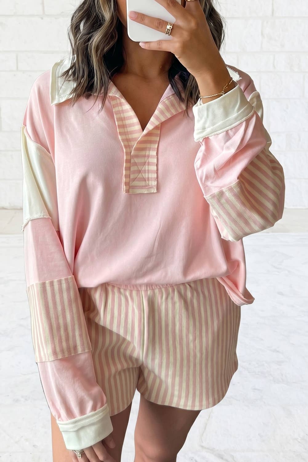Striped Colorblock Patchwork Sweatshirt & Shorts Set S–4X: Smoke Green / S